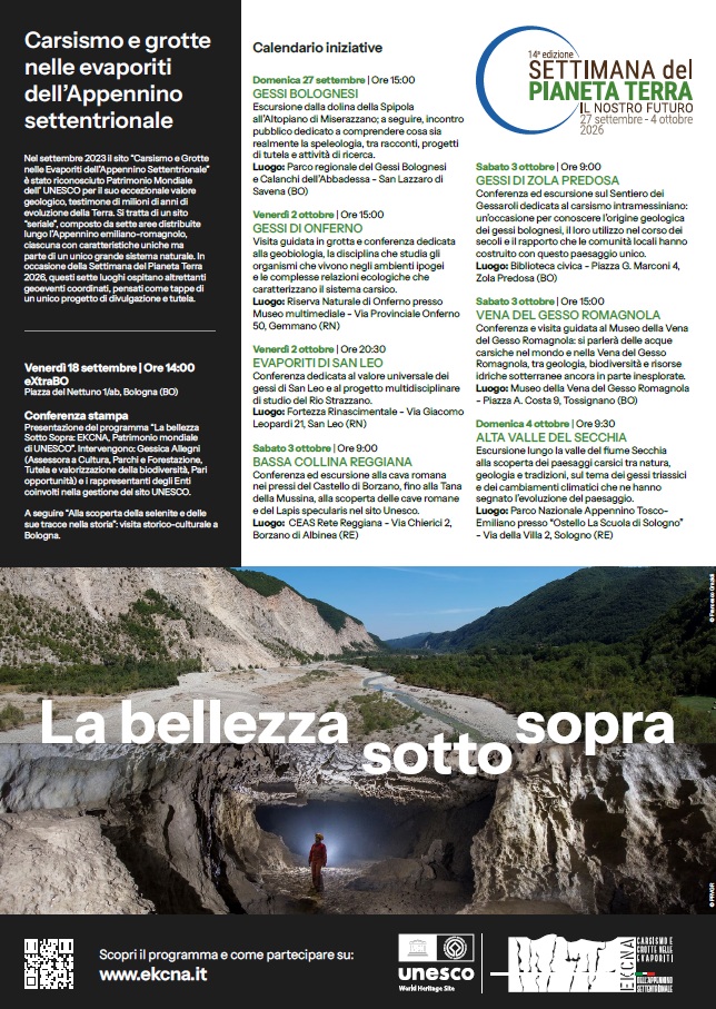 Locandina che riassume tutti gli eventi che si terranno nel patrimonio EKCNA per la settimana del Pianeta Terra. Contenuti presenti anche nel testo della pagina